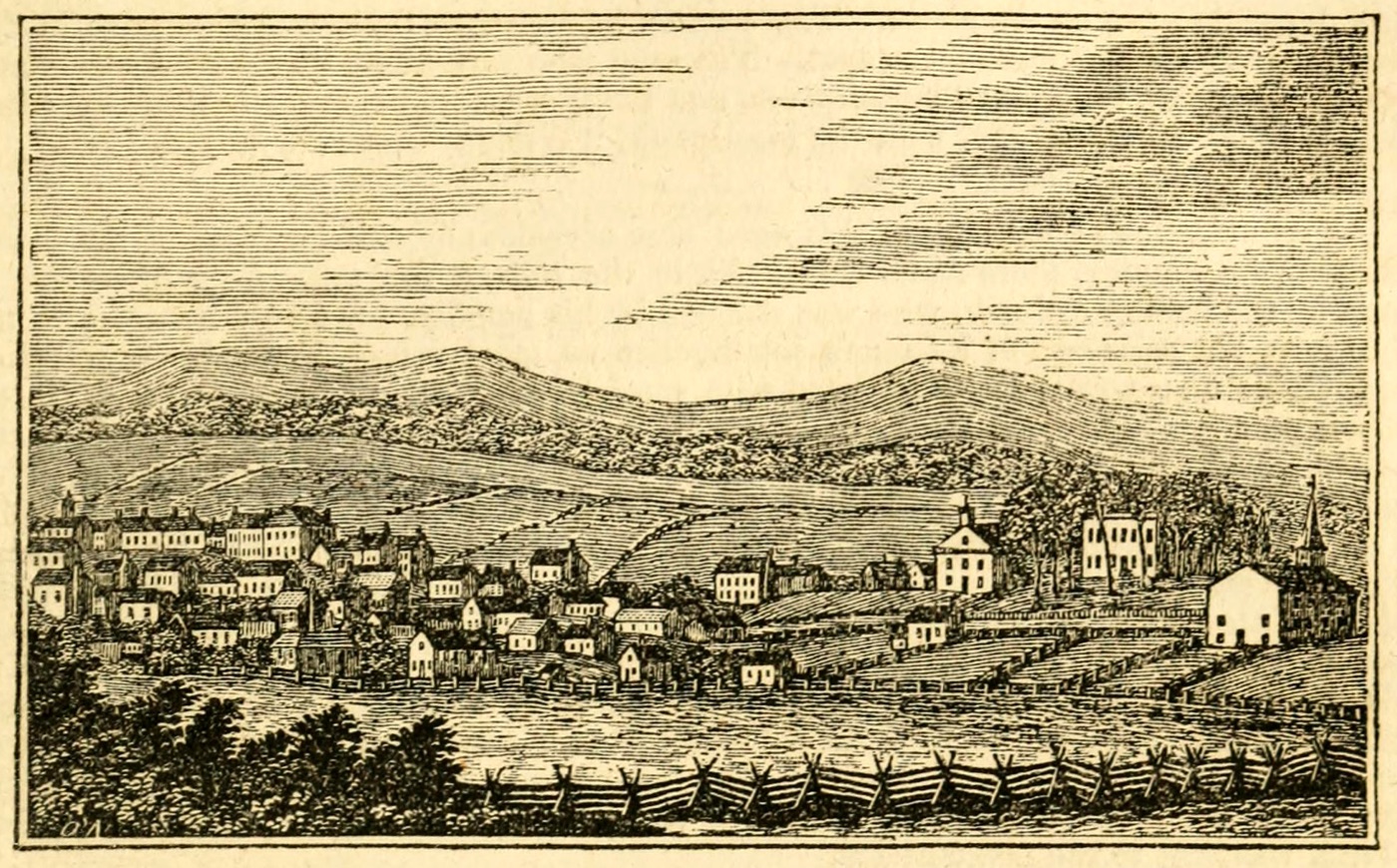 Engraving of Abingdon in 1845: rows of houses and church steeples in a valley, with rolling hills behind and a split-rail fence in front